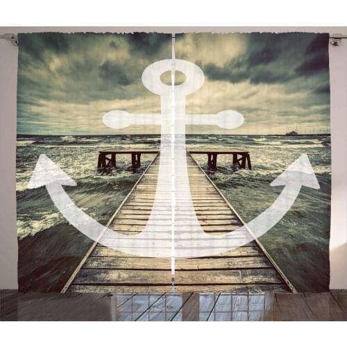 Anchor Curtains Nautical Symbol on Deck Stormy Sea Satin Fabric Drapes for Living Room Bedroom 2 Panel Window Set
