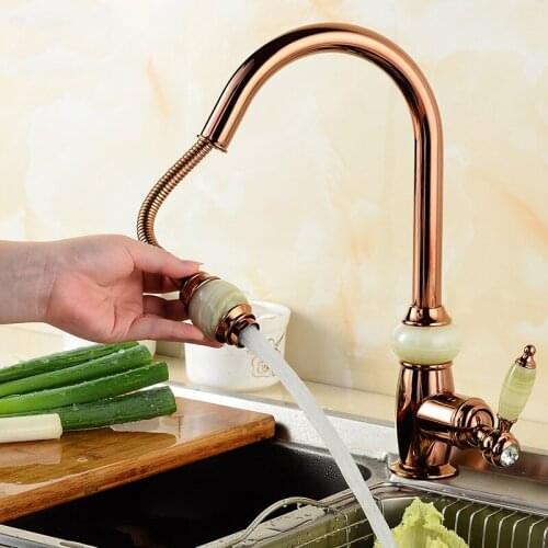 Kitchen Sink Faucets Brass Jade Pull Out spray nozzle Mixer Tap Single Handle Hot & Cold Kitchen Water Crane Tap Gold/Rose gold