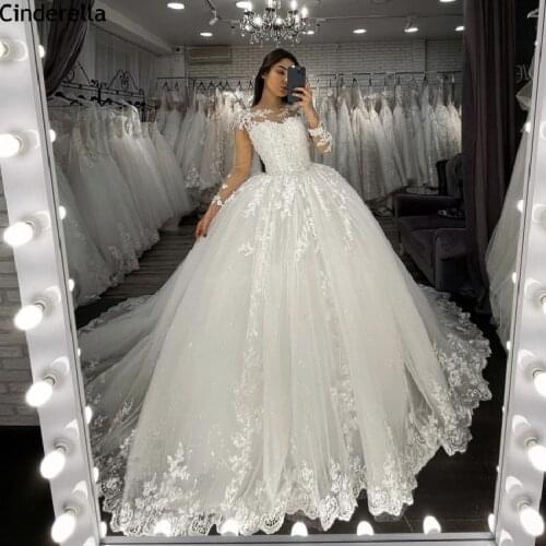 Wedding Dresses Hot Long Sleeves Scoop Sweep Train A-Line Lace Applique Crystal Wedding Dresses Lace Up Back vestido de noiva