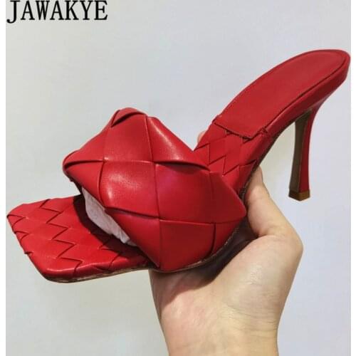 Top Quality Summer Braid Leather Sandals Women Square Toe Multicolor Woven High Heels Slippers Hot Selling Runway Shoes Woman