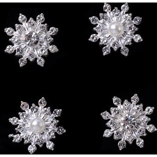 Silver Snowflake Buttons 20pcs Flatback Rhinestones Snowflake Embellishments for women Wedding Hair Accessories Pearl Flowers