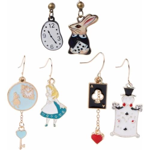 1 Pair Cartoon Rabbit Clock Poker Party Icon Earrings Alice in Wonderland Stud Earrings Women Fashion Earrings