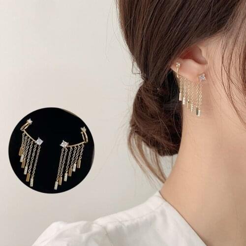 Gold Color Tassel Zircon Earrings for Women Rhinestone Korean Earrings Ear Clip All-in-one Luxury Jewelry Gifts Trend New 2020