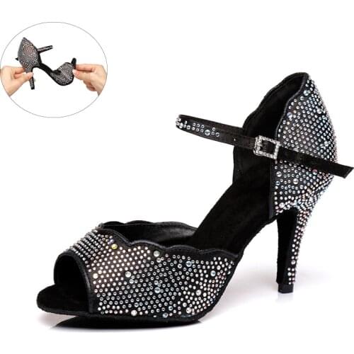 Woman Rhinestone Latin Ballroom Dance Shoes for Women Black Bachata Salsa Dancing Shoes for Gilrs Soft Bottom High Heel Sandals