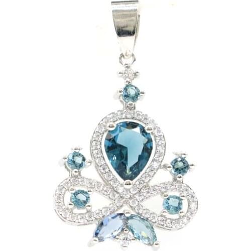 36x21mm Stunning Created London Blue Topaz CZ Gift For Ladies Silver Pendant