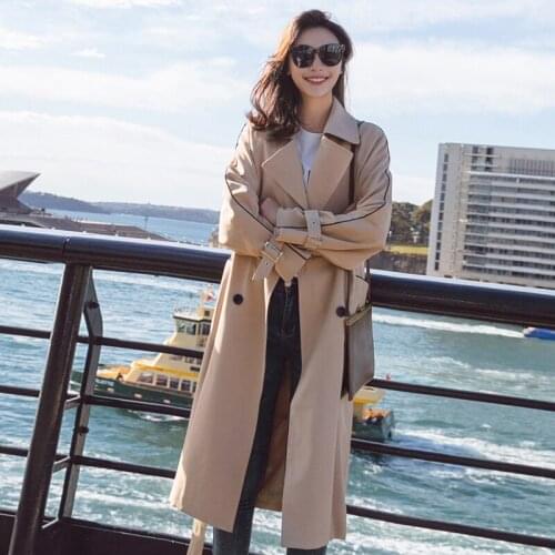 2021 Autumn Women Windbreaker Elegant Plus Belt Loose Black Khaki Blue Spring Long Lapel Long Sleeve Casual Trench Coat Outwear