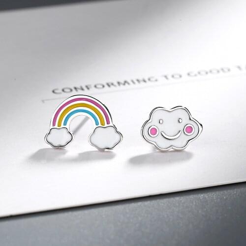 925 Sterling Silver Rainbow Asymmetric Stud Earrings For Women Girls Wedding Jewelry Hypoallergenic eh1357