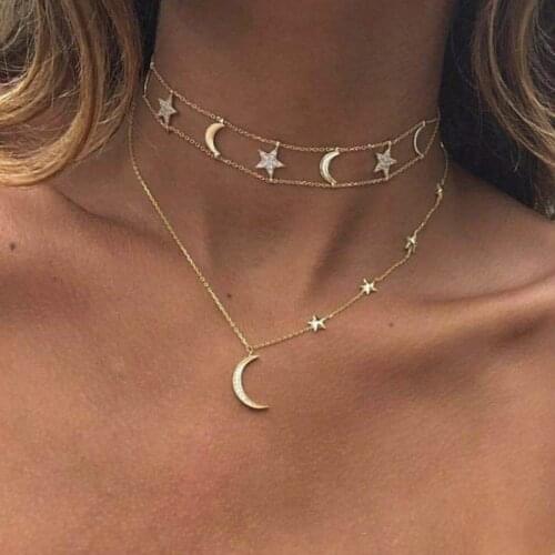 Women Fashion Gold Color Crystal Star Moon Composite Multilayer Necklace for Women Personality Choker Necklace Jewelry