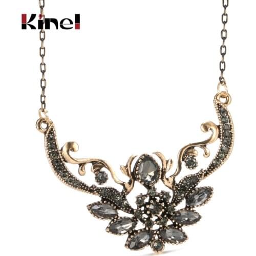 Kinel Unique Gray Crystal Flower Pendant Necklace For Women Antique Gold Color Vintage Jewelry Party Accessories Luxury Gifts