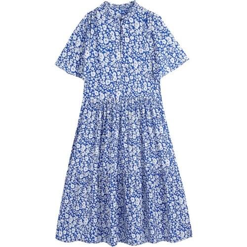Women Summer Floral Printed Long Maxi Dress Vintage V Neck Short Sleeve Loose A Line Dresses Female Casual Sundress