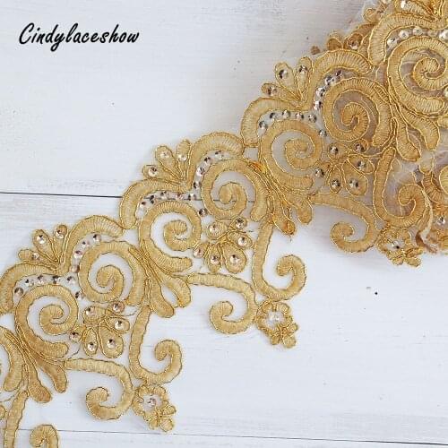 12.5cm Width Beaded Rhinestons Gold Lace Trim Crystal Ribbon DIY Clothes Accessories Wedding Dress Curtain Sewing Lace Fabric