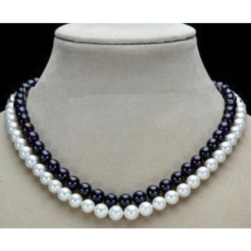 2Row 7-8mm Black White Natural South Sea Pearl Necklace 17-18'' AAA