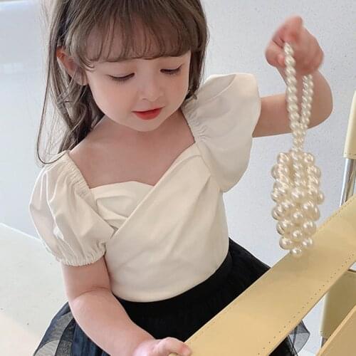 2021 Girls' Summer Puff Short-Sleeved T-Shirt Baby Fashion Style Kids Clothing Simple Elegant Clothes Tops