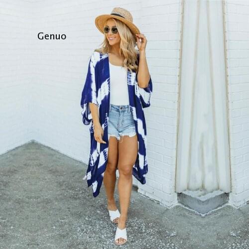 2021 Blue Boho Striped Robes Bathing Suit Cover-ups Plus Size Beach Wear Long Kimono Dress Women Summer Swimsuit Cover Up