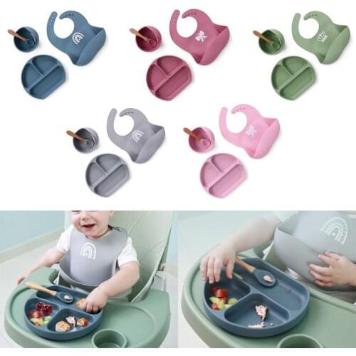 4Pcs Baby Food Grade Silicone Waterproof Bibs+Suction Dinner Plate+Bowl+Spoon Set Newborn Infants Feeding Burp Cloth