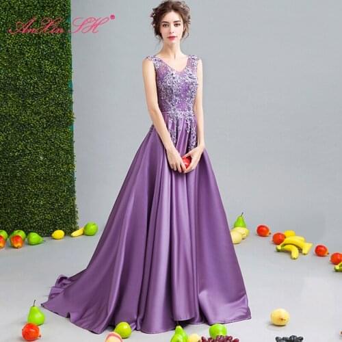 AnXin SH Princess Romantic flowers purple satin bride luxury v neck beading flower lace sleeveless long evening dress 0252