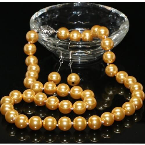 Wholesale Bohemia style 10mm gold-color faux pearl shell round beads high grade necklace earrings set jewelry 18inch B2329