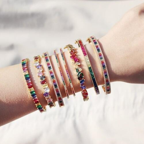 Gold Filled Open Adjusted Size Shiny Rainbow Baguette CZ Bangles For Women Gilr Colorful Cubic Zirconia Bracelet Fashion Jewelry