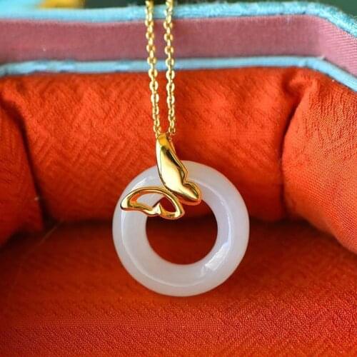 Natural Hetian white jade hollow butterfly pendant necklace Chinese retro Bohemian elegant charm womens jewelry