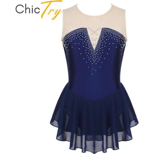 ChicTry Kids Teens Sparkly Rhinestone Mesh Girls Dancewear Ballet Gymnastics Leotard Modern Dance Costume Figure Skating Dress