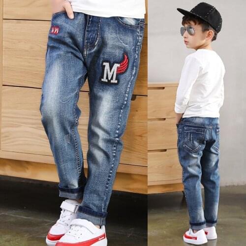 2019 Big Boys Jeans Fashion Teen-ages High Quality Elastic Waist Cotton Full Length Jeans Appliques Straight size 100-160