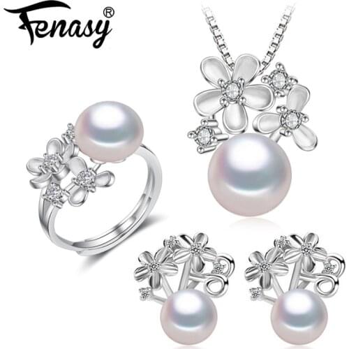 FENASY Pearl Jewelry wedding engagement jewelry sets Natural Pearl pendant Necklace women stud Earrings flower party earrings