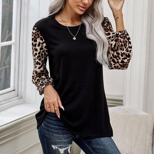 3XL Spring Autumn Leopard Print TShirt Patchwork Tops Women Round Neck Pullover Comfy Loose Vintage Long Sleeve Shirts Plus Size