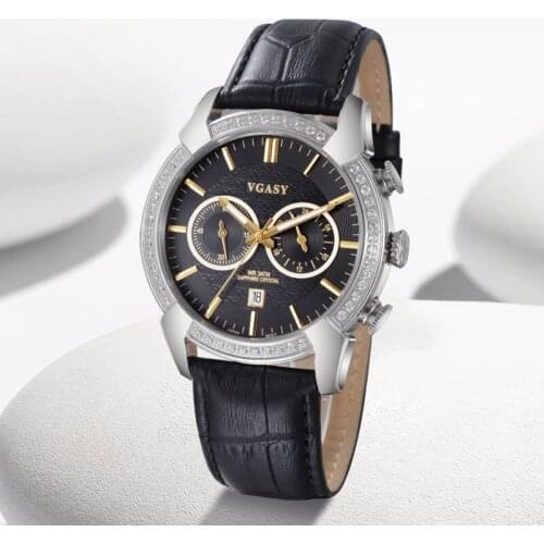 Walking VGASY fine carve patterns or designs on woodwork business men and women watch dial diamond studded leather strap stopwat