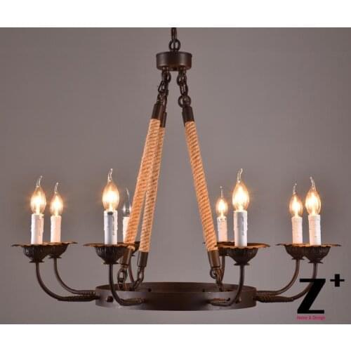 America Style Industry Country Chandelier Hemp Rope Lamp 8 E14 Vintage Iron Made Free shipping