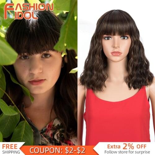 Fashion Idol Gothic Lolita Wigs Bangs Water Wave Hair 14 Inches Synthetic Brown BLue Purple Wig For White Women Heat Resistant