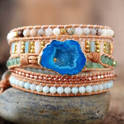 Leather Bracelets Unique Mixed Natural Stones Gilded Drusy Charm 5 Strands Wrap Bracelets Handmade Druzy Bracelet Dropship