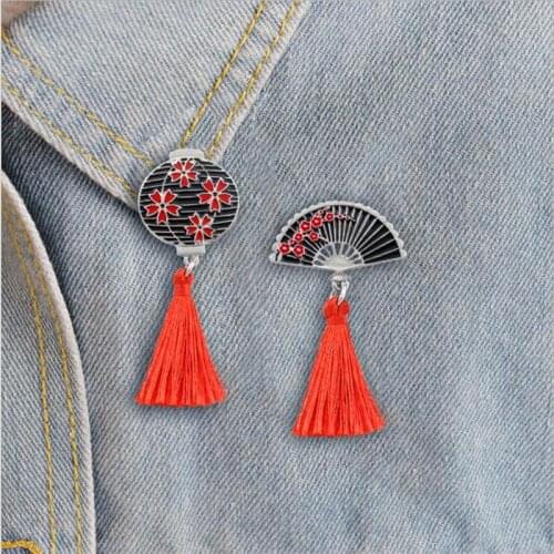 Fashion retro star style cherry origami fan round lantern red line tassel drip brooch shirt denim lapel badge background pendant