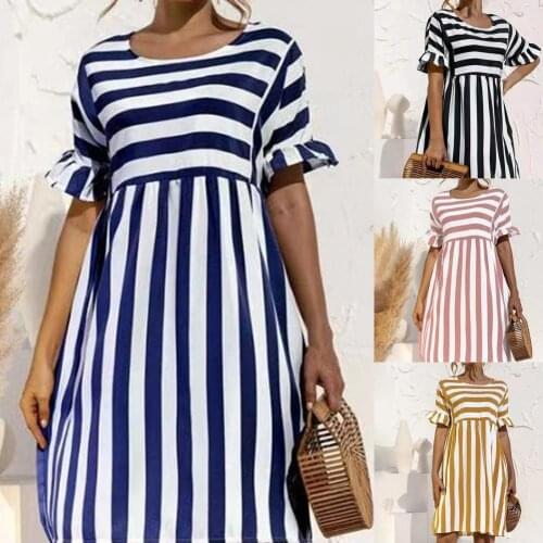 Fashion Women Dress O Neck Striped Short Ruffle Sleeve Loose Knee-length Dress for Summer