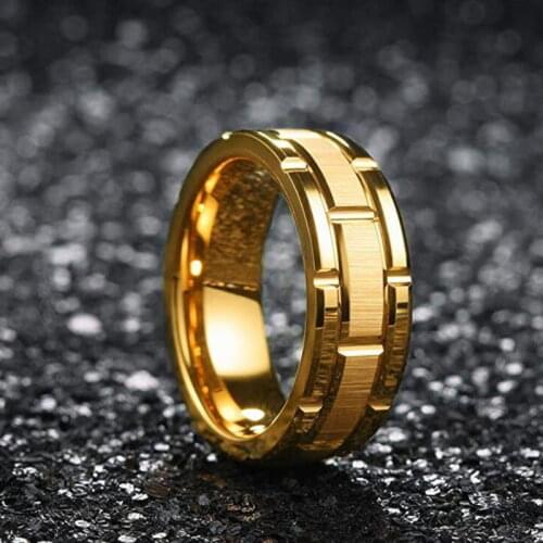 Mens Fashion Ring Gold Plated Brick Groove Brushed Stainless Steel Wedding Ring Engagement Jewelry Anniversary Gift
