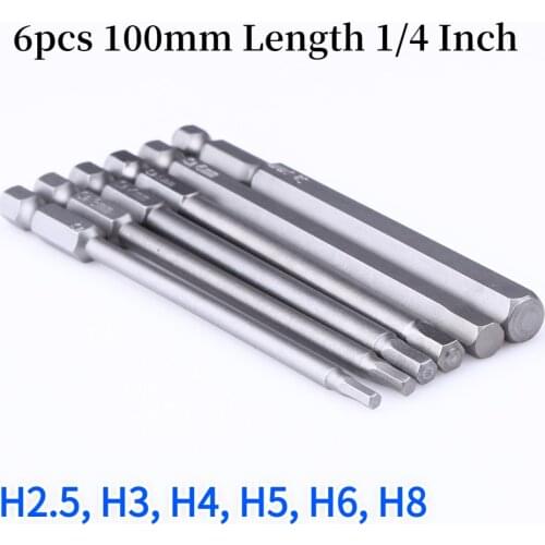 6pcs 100mm Length 1/4 Inch Hex Shank Magnetic Hexagon Head Screwdriver Bit Set H2.5 H3 H4 H5 H6 H8 Drill 1 Screwdriver