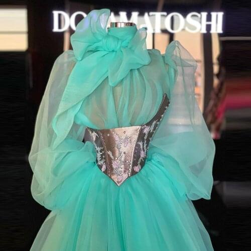 Lovely Tulle Prom Dresses Puffy Sleeves High Neck Corset Floor Length Women Pageant Evening Dressing Gowns Plus Size