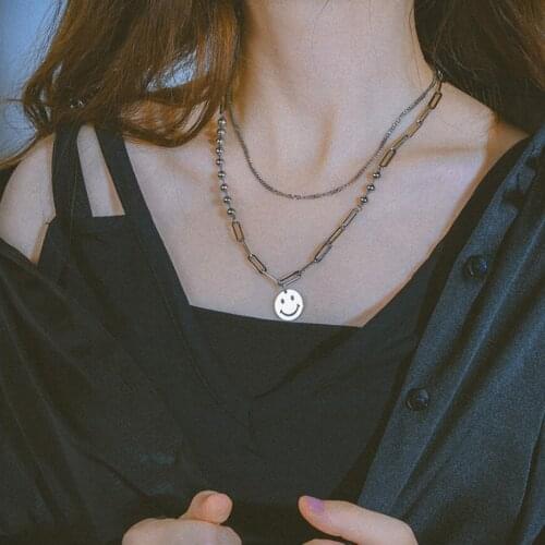 316L Stainless Steel New Fashion Upscale Jewelry 2 Layer Beaded Smiley Charms Thick Chain Choker Necklaces & Pendants For Women