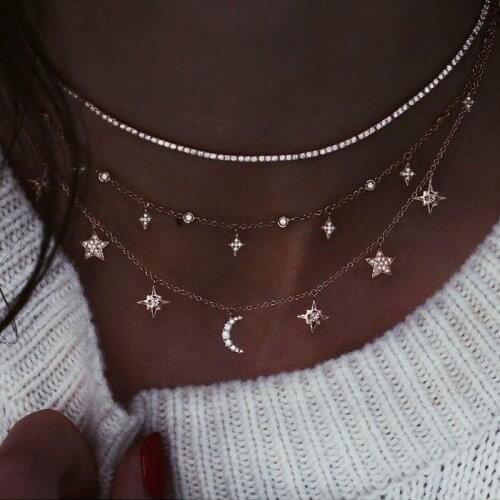 Fashion Jewelry Necklaces Moon Pentagram Pendant Crystal Clavicle Chain Gothic Multilayer Necklace Set Female Wedding Party