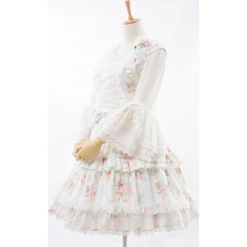Lolita Dress Sleevelss White Elegant / Vintage Floral Print and Ruffles Lolita Jumper Skirt