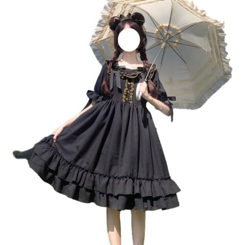 Soft Girl Kawaii Lolita Black Dress Teens Gothic Cute Harajuku Summer Cosplay Vintage Dresses Women Pleated Princess Swing Dress