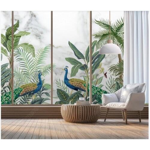 Custom photo wallpaper for walls 3 d European hand-painted tropical forest plant peacock marble pattern background wall decor