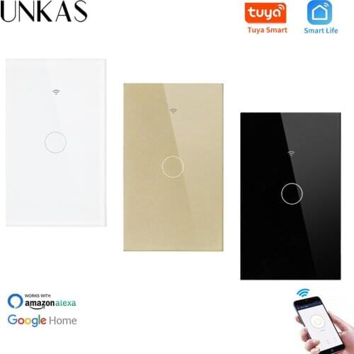UNKAS Luxury Glass Panel 1 Gang 1 Way WIFI Touch Switch Tuya Smart Life APP Control US Standard Wall Switch Null and Fire Line