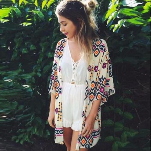 Sexy Women floral Chiffon Geometry Loose Shawl Kimono Cardigan Boho Coat Jacket Blouse Swimwe ar Beach Cover Up Blouse Dress
