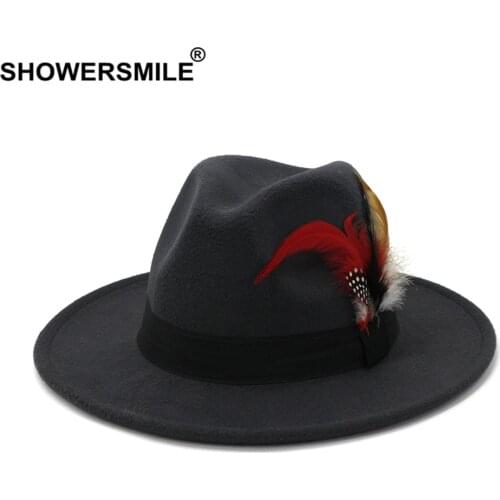 BUTTERMER British Style Church Women Wide Brim Wool Felt Fedora Panama Hat with Feather Men Jazz Trilby Cap Party Formal Top Hat