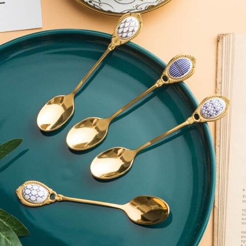 Blue Ceramic Handle Retro Palace Style High-grade Stainless Steel Golden Coffee Stirring Spoon Teaspoon Dessert Tea Scoop Fork