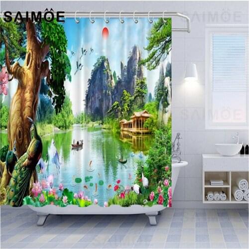 Modern 3D Forest Shower Curtain Green Plant Tree Landscape Bath Curtain With Hooks Waterfall Bathroom Curtains Waterproof Fabric