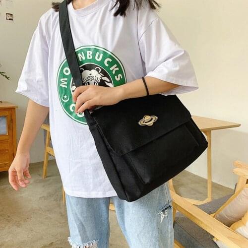 Women Shoulder Bag Simple Canvas Handbag Tote Large Capacity Embroidery Shopping Bag Cute Planet Book Bags For Girls