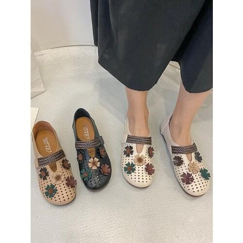 Summer fashion all-match ladies casual shoes retro simple hollow flower flat soft bottom comfortable and breathable single shoes