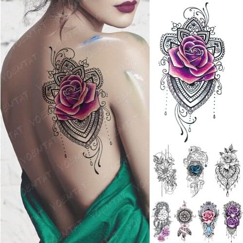 Waterproof Temporary Tattoo Sticker Purple Pink Line Rose Flower Flash Tattoos Totem Heart Body Art Arm Fake Sleeve Tatoo Women