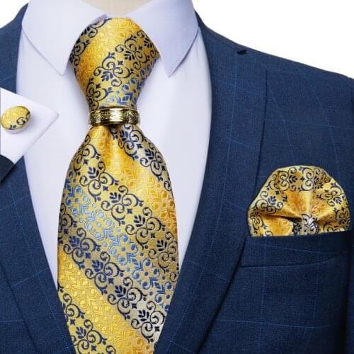Yellow Blue Paisley Striped Mens Ties With Gold Stainless Steel Dragon Ring Luxury Wedding Neck Tie Pocket Square Cufflinks